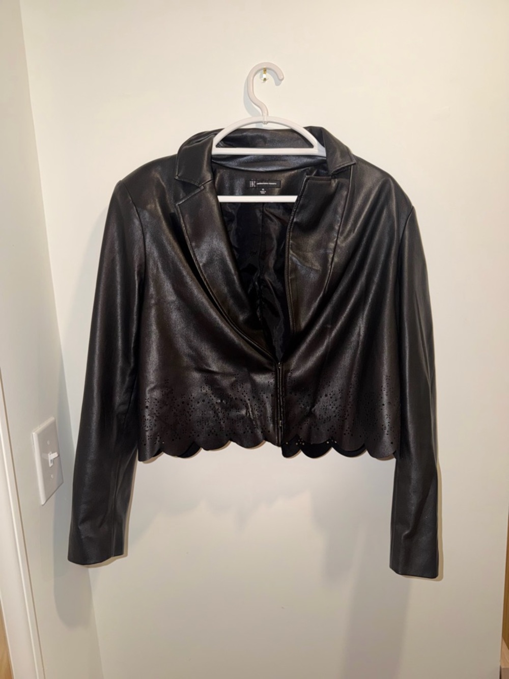 Cropped Faux Leather Jacket with Scalloped Hem